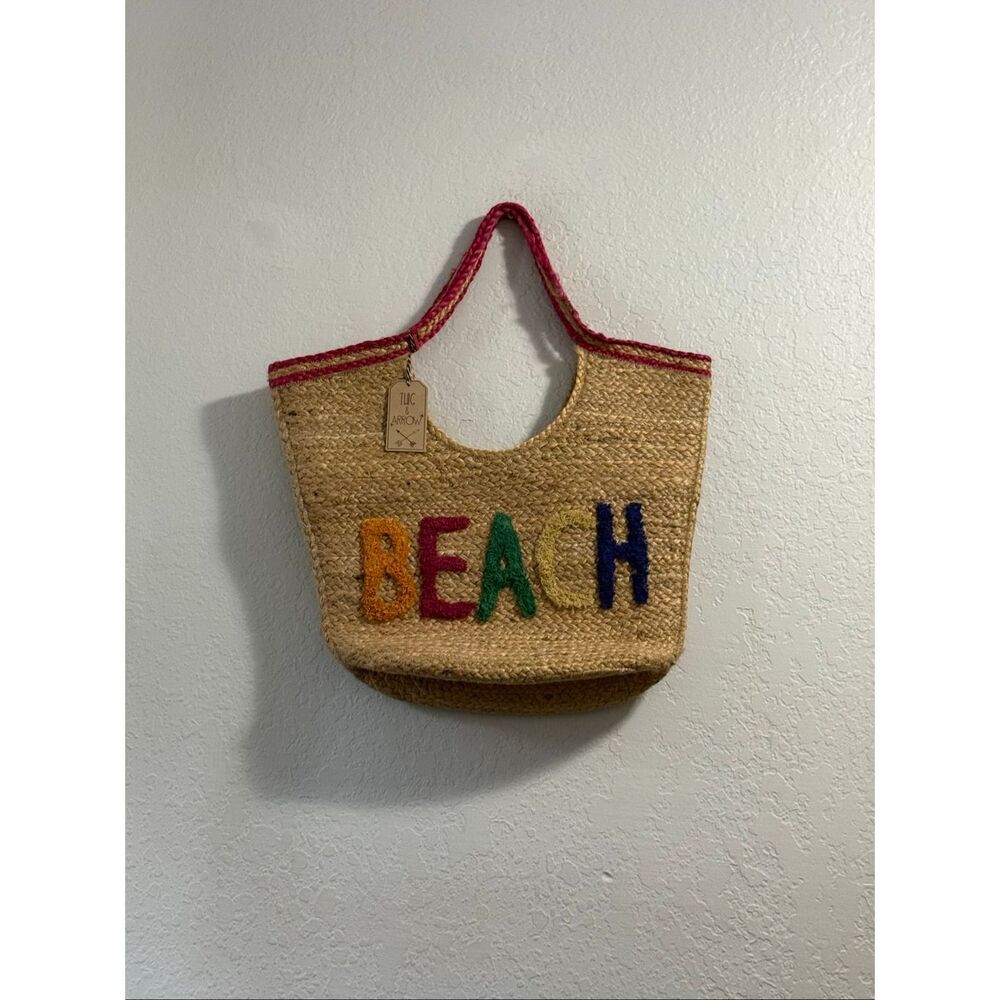 NWT Twig & Arrow Jute Beach Tote Bag “BEACH” Embroidered Pom Tassel Large